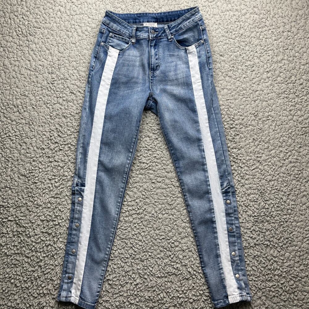 Hayden Jeans Snap Button Leg Ankle Contrast Striped Medium Wash Skinny Denim